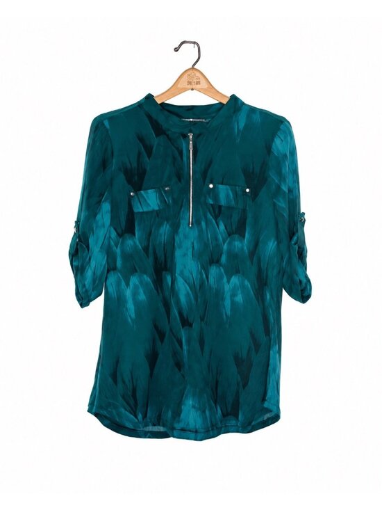 Dept. Tops - Teal Feather Print Womens Blouse With Zippered Front And Roll-Up Sleeves By Dept